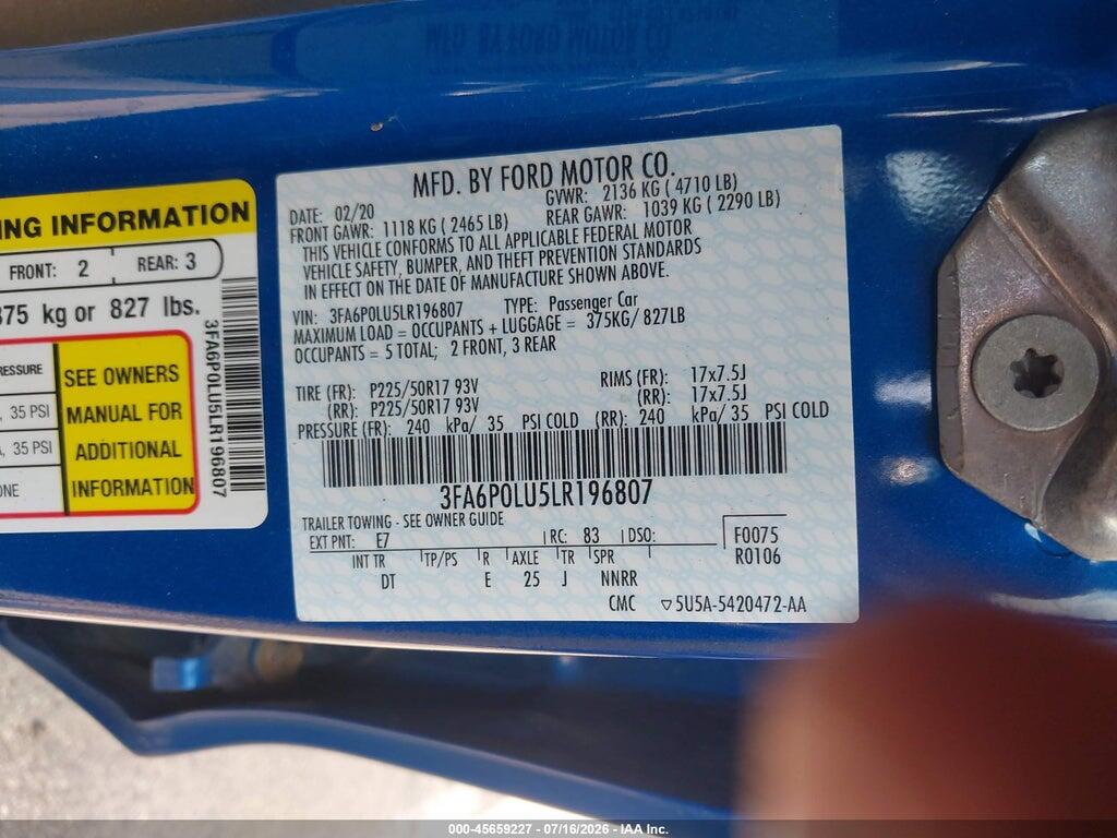 3FA6P0LU5LR196807 2020 FORD FUSION photo no. 9