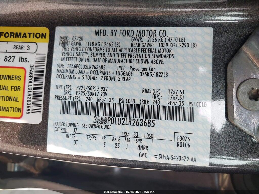 3FA6P0LU2LR263685 2020 FORD FUSION photo no. 9