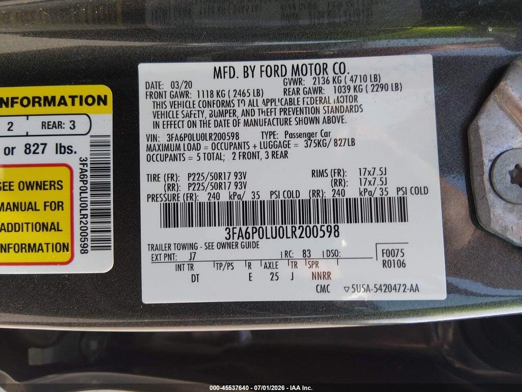 3FA6P0LU0LR200598 2020 FORD FUSION photo no. 9