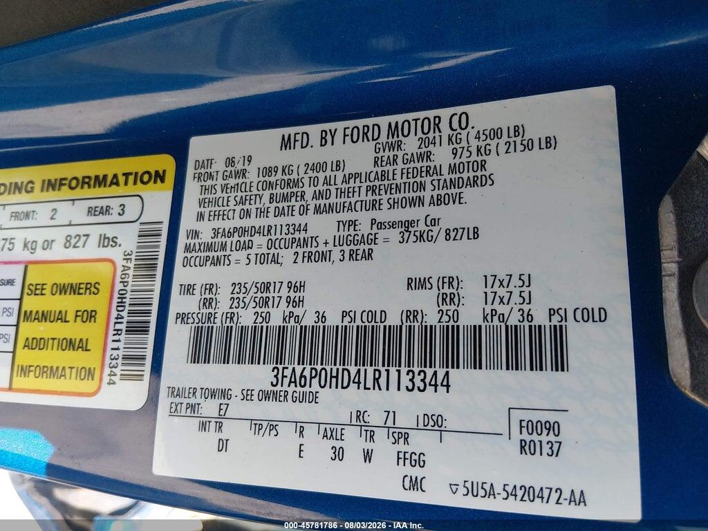 3FA6P0HD4LR113344 2020 FORD FUSION photo no. 9