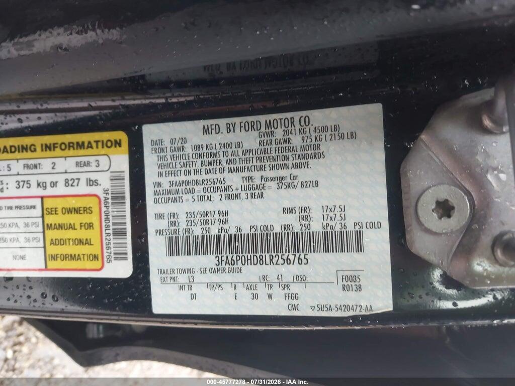 3FA6P0HD8LR256765 2020 FORD FUSION photo no. 9