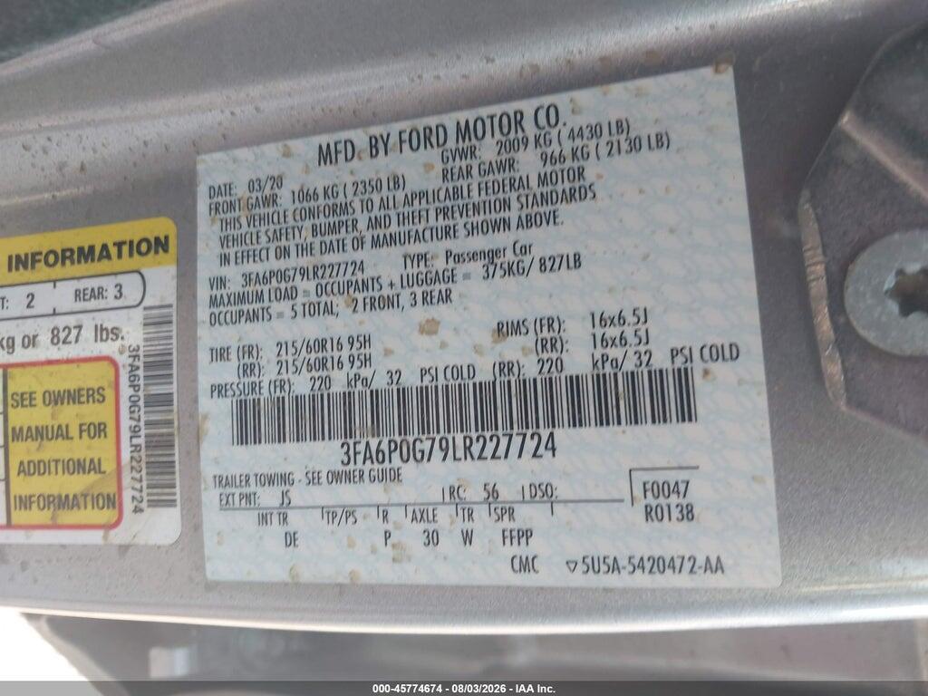 3FA6P0G79LR227724 2020 FORD FUSION photo no. 9