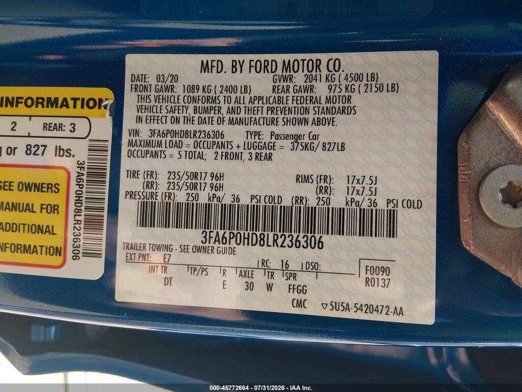 3FA6P0HD8LR236306 2020 FORD FUSION photo no. 9