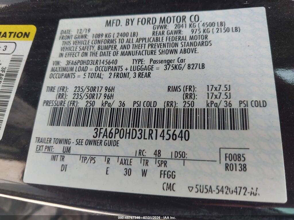 3FA6P0HD3LR145640 2020 FORD FUSION photo no. 9