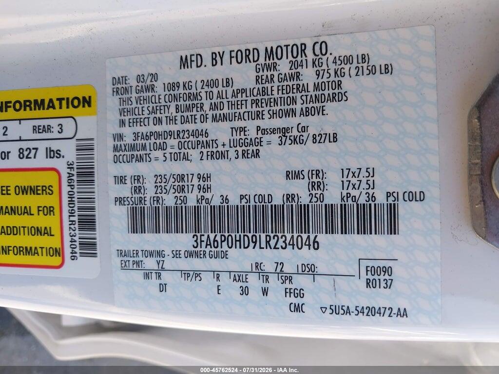 3FA6P0HD9LR234046 2020 FORD FUSION photo no. 9