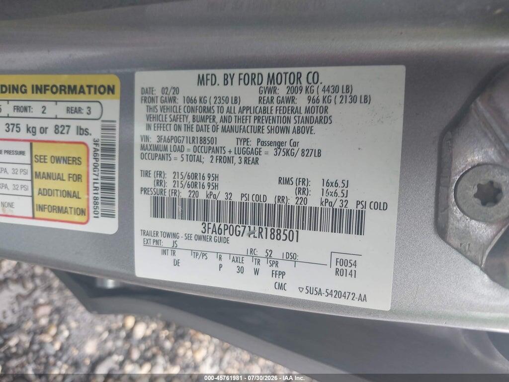 3FA6P0G71LR188501 2020 FORD FUSION photo no. 9