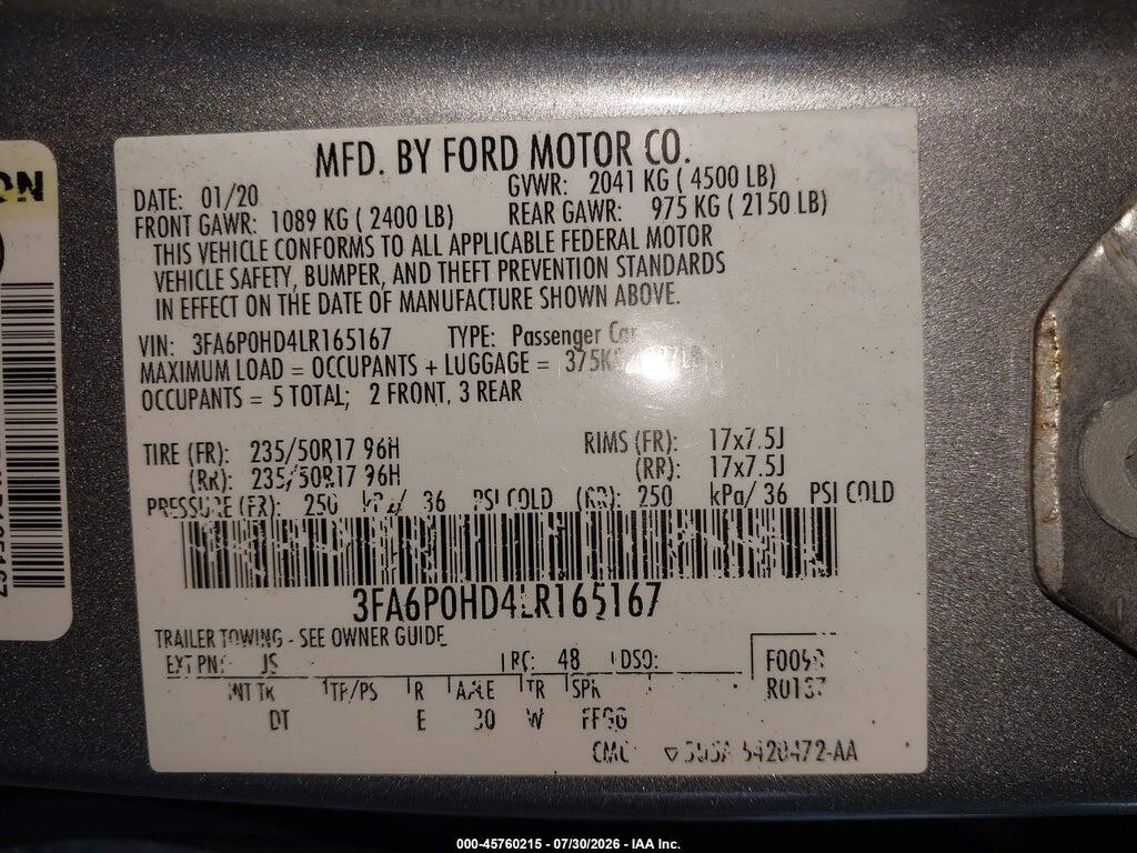 3FA6P0HD4LR165167 2020 FORD FUSION photo no. 9