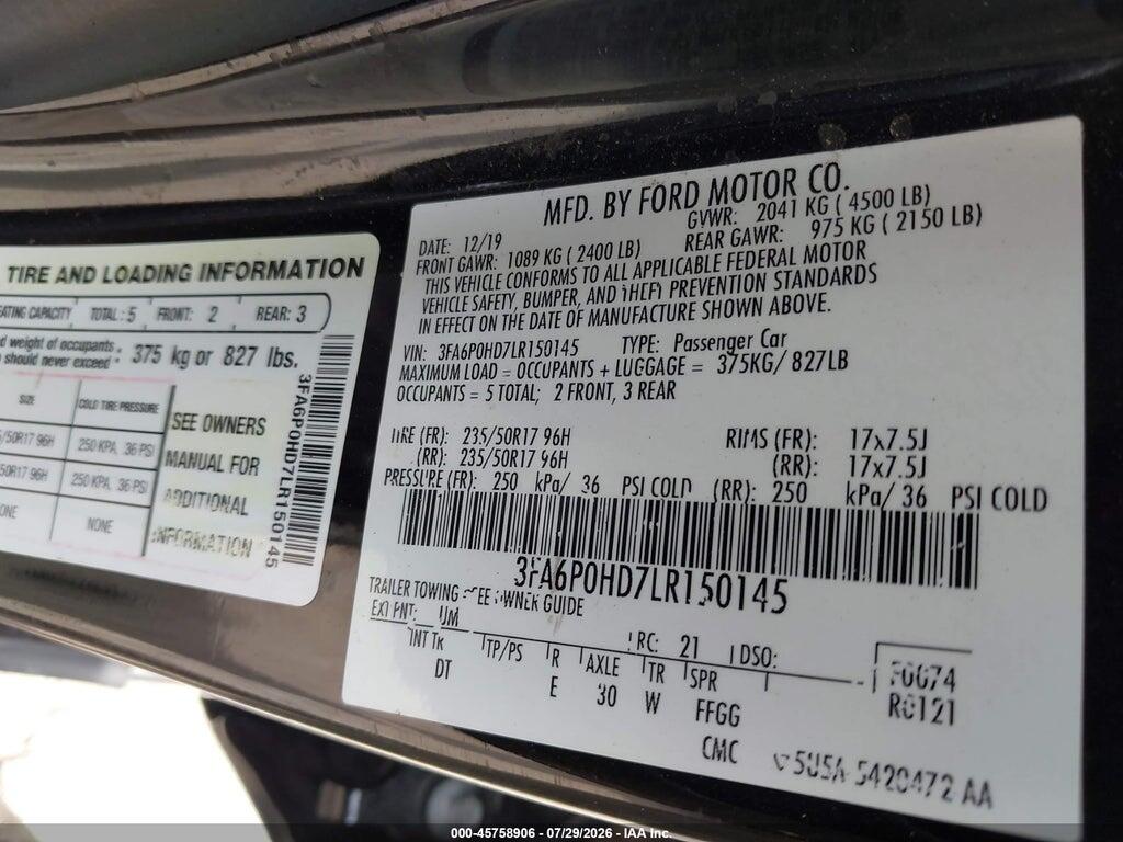 3FA6P0HD7LR150145 2020 FORD FUSION photo no. 9