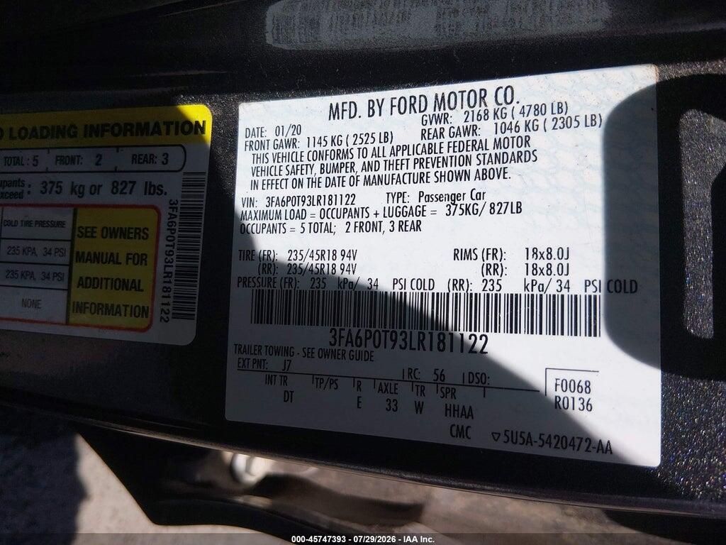 3FA6P0T93LR181122 2020 FORD FUSION photo no. 9