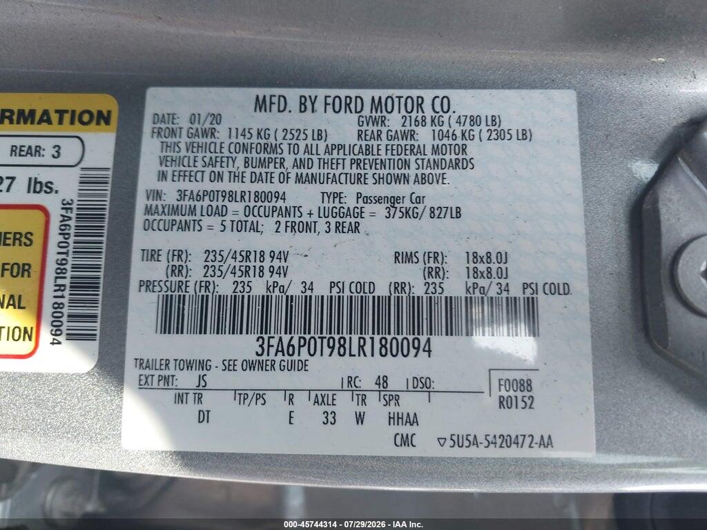 3FA6P0T98LR180094 2020 FORD FUSION photo no. 9