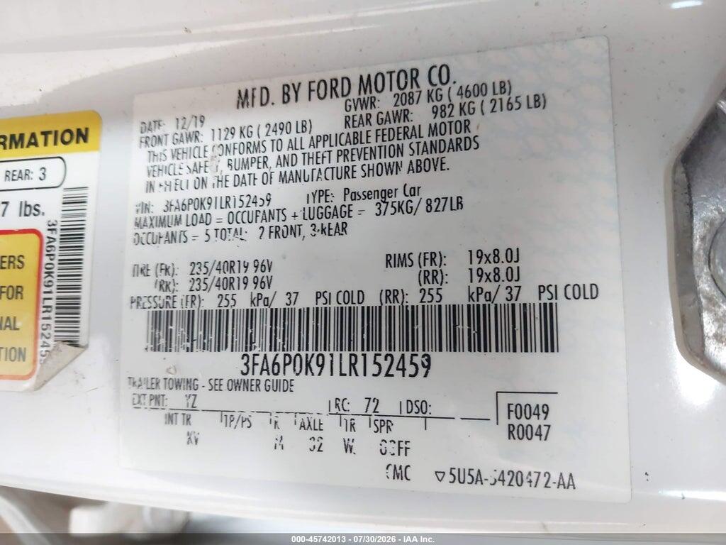 3FA6P0K91LR152459 2020 FORD FUSION photo no. 9