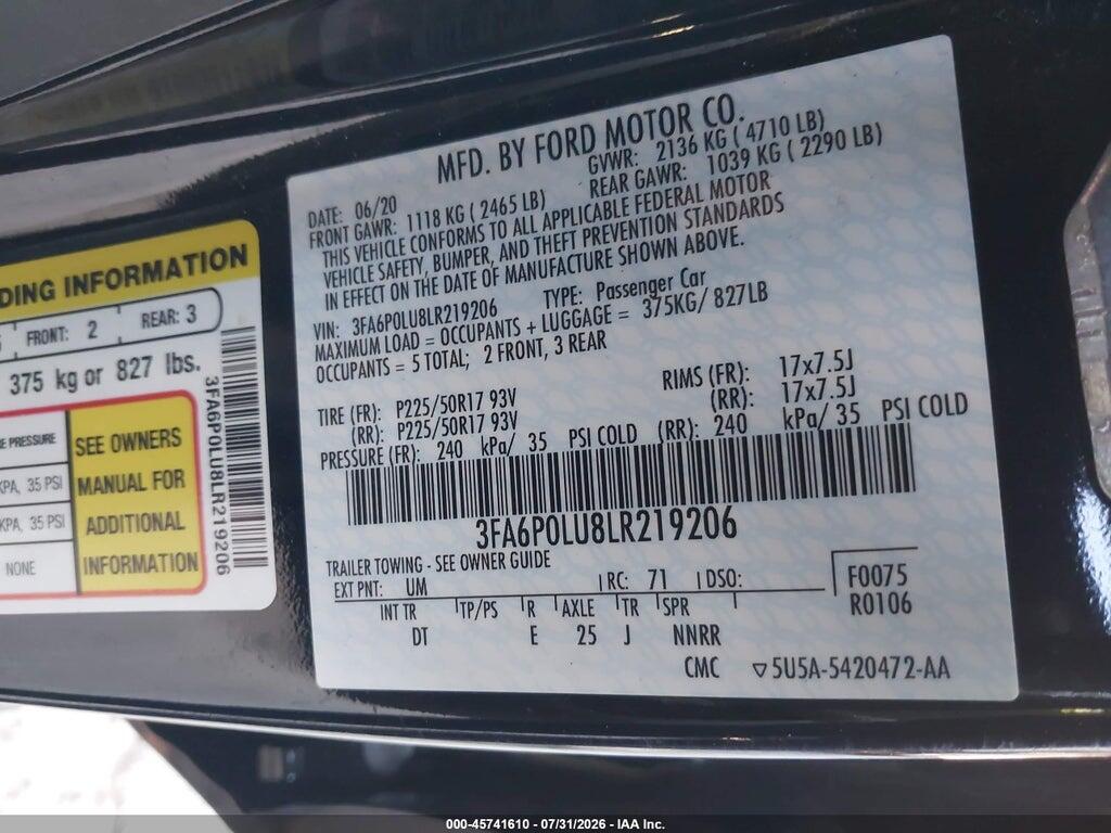 3FA6P0LU8LR219206 2020 FORD FUSION photo no. 9
