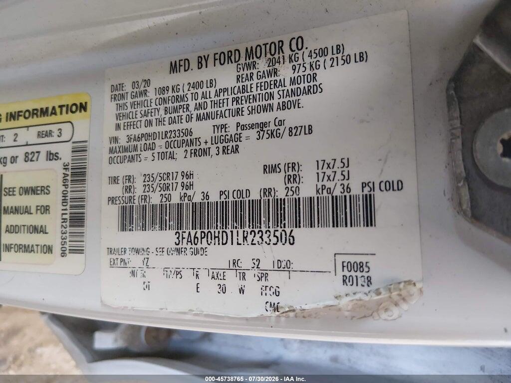 3FA6P0HD1LR233506 2020 FORD FUSION photo no. 9
