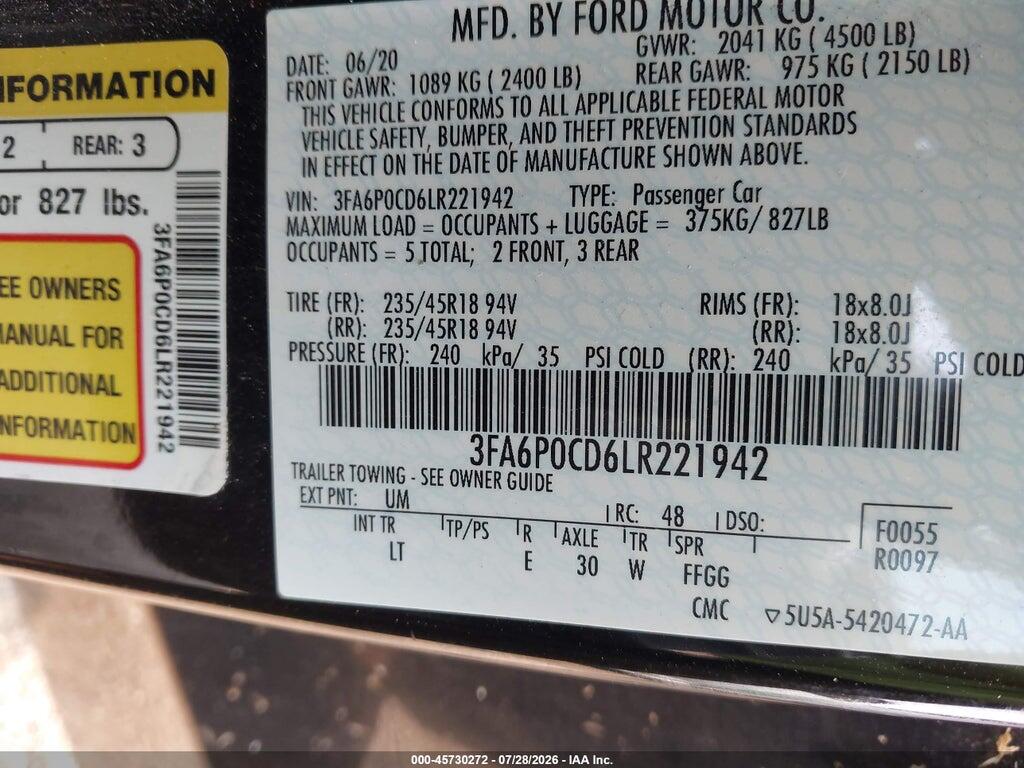 3FA6P0CD6LR221942 2020 FORD FUSION photo no. 9