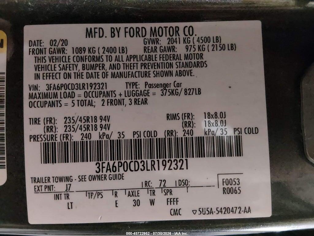 3FA6P0CD3LR192321 2020 FORD FUSION photo no. 9