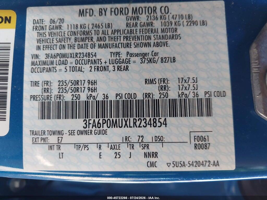 3FA6P0MUXLR234854 2020 FORD FUSION photo no. 9