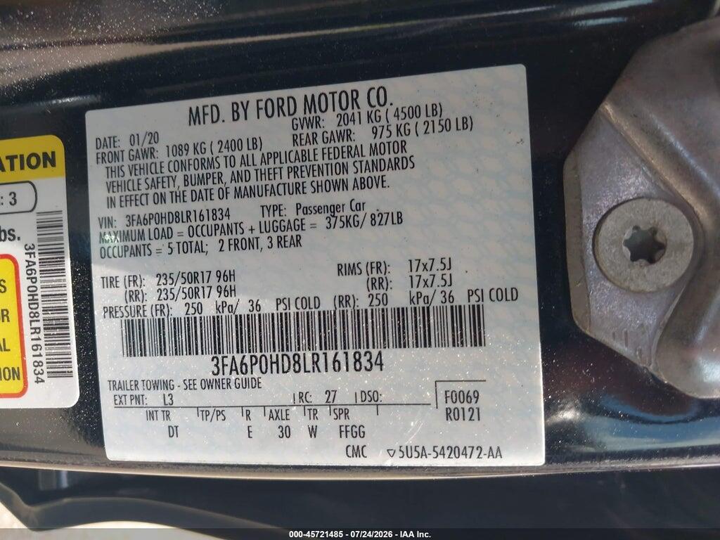 3FA6P0HD8LR161834 2020 FORD FUSION photo no. 9