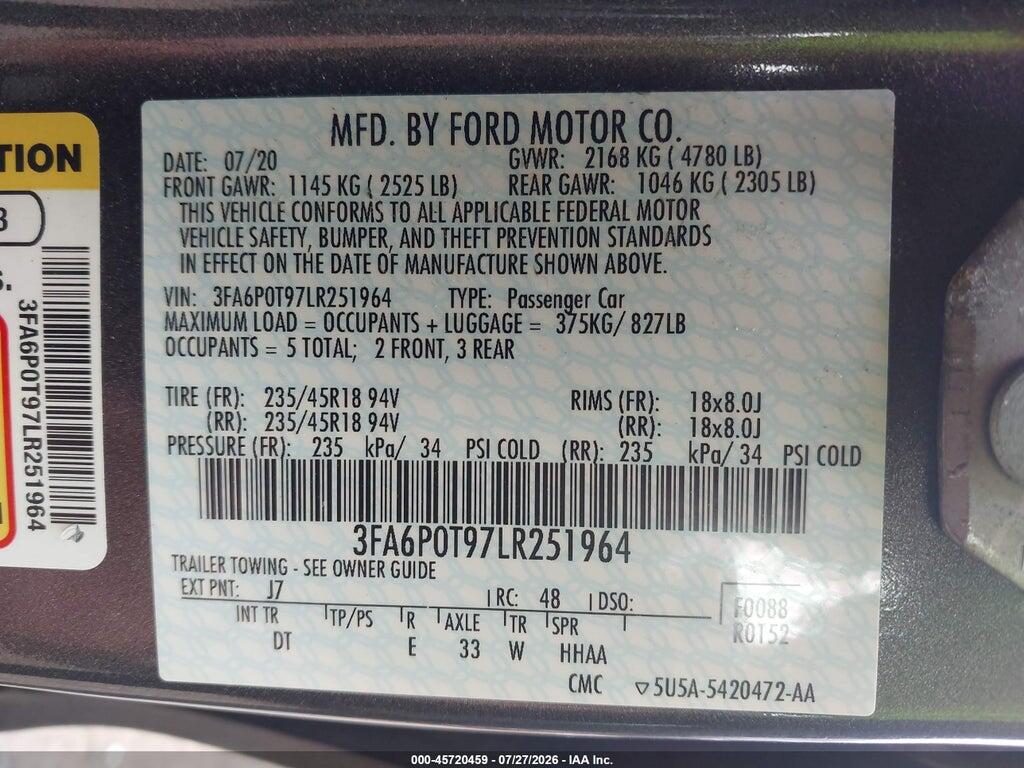 3FA6P0T97LR251964 2020 FORD FUSION photo no. 9