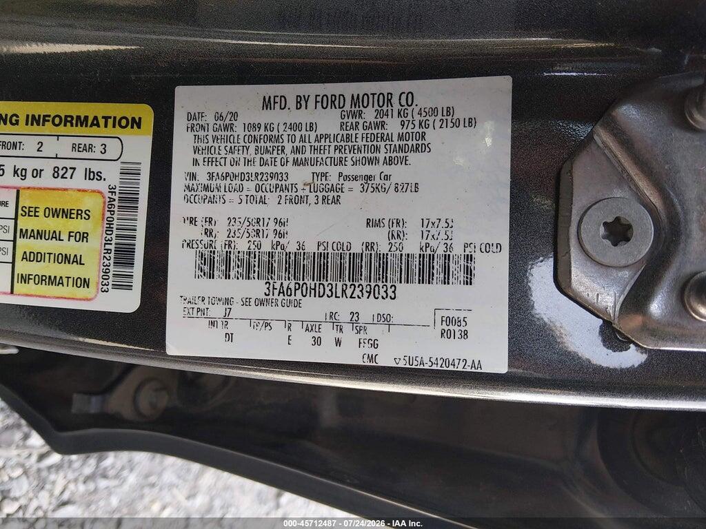 3FA6P0HD3LR239033 2020 FORD FUSION photo no. 9