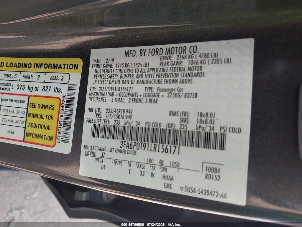 3FA6P0T91LR156171 2020 FORD FUSION photo no. 9