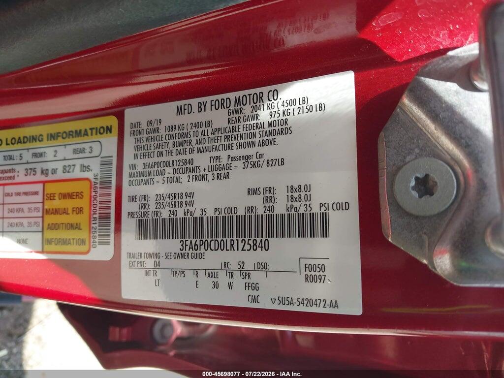 3FA6P0CD0LR125840 2020 FORD FUSION photo no. 9