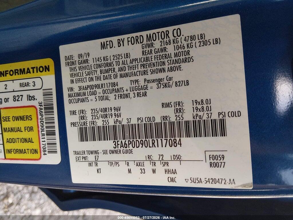 3FA6P0D90LR117084 2020 FORD FUSION photo no. 9