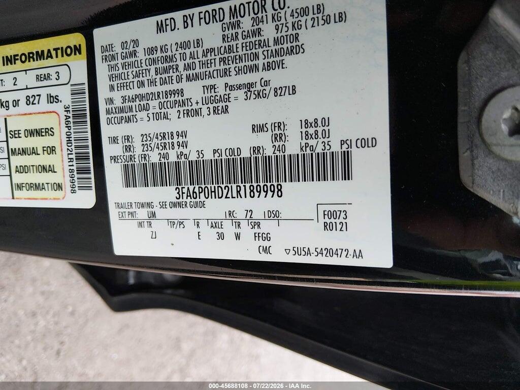 3FA6P0HD2LR189998 2020 FORD FUSION photo no. 9