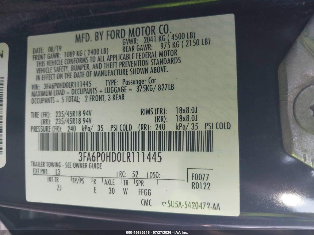 3FA6P0HD0LR111445 2020 FORD FUSION photo no. 9