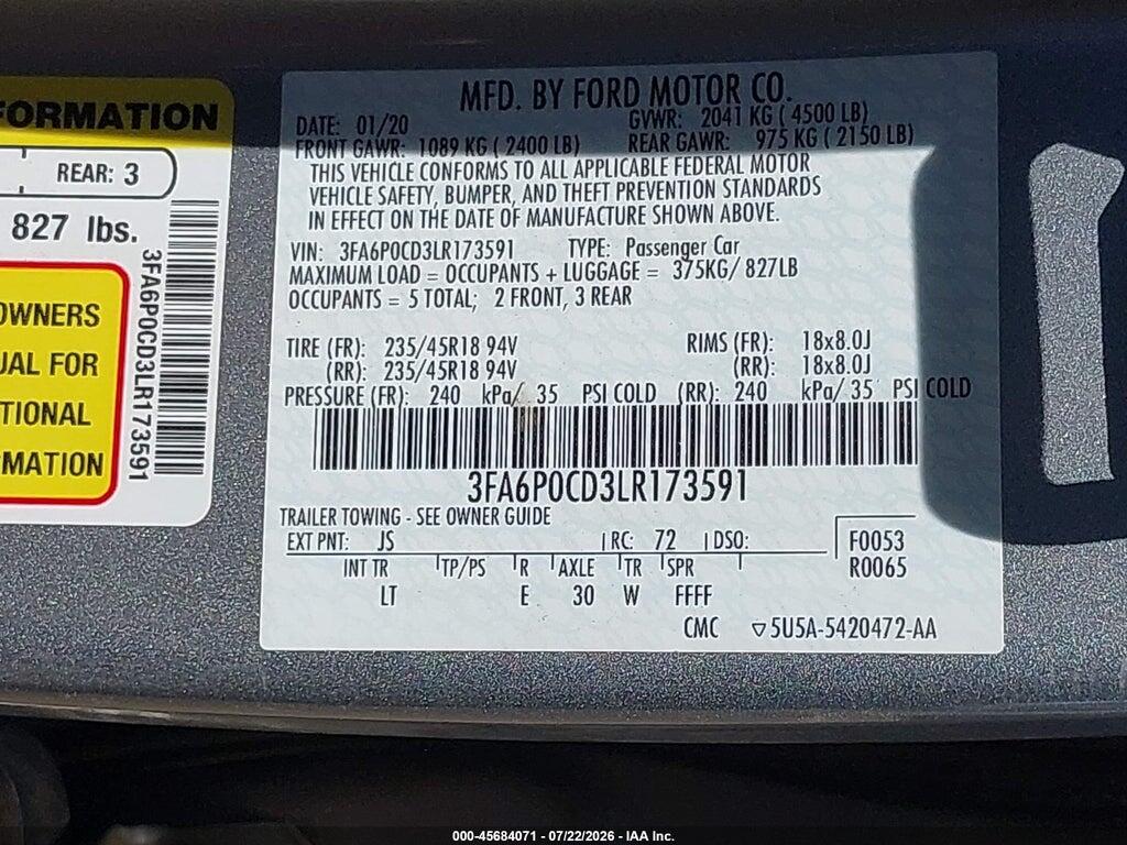 3FA6P0CD3LR173591 2020 FORD FUSION photo no. 9