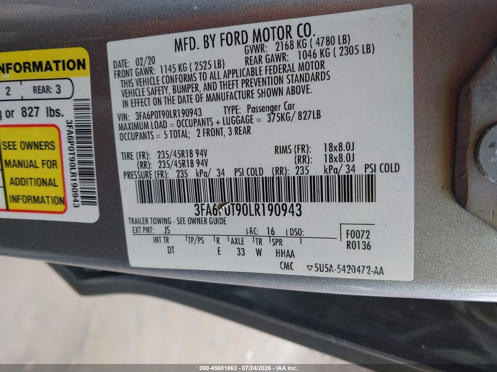 3FA6P0T90LR190943 2020 FORD FUSION photo no. 9