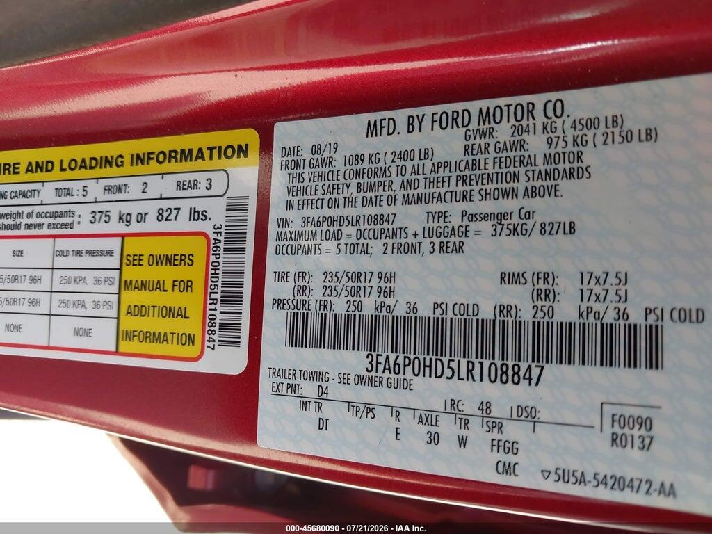 3FA6P0HD5LR108847 2020 FORD FUSION photo no. 9