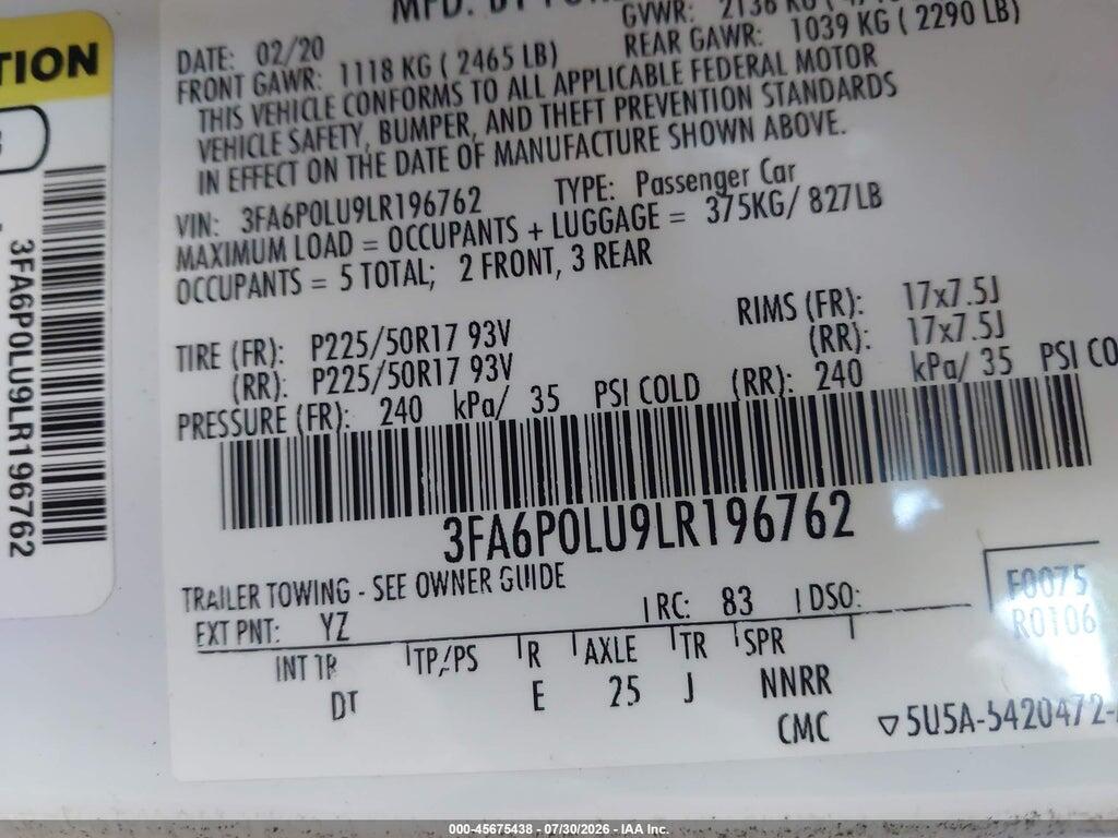 3FA6P0LU9LR196762 2020 FORD FUSION photo no. 9