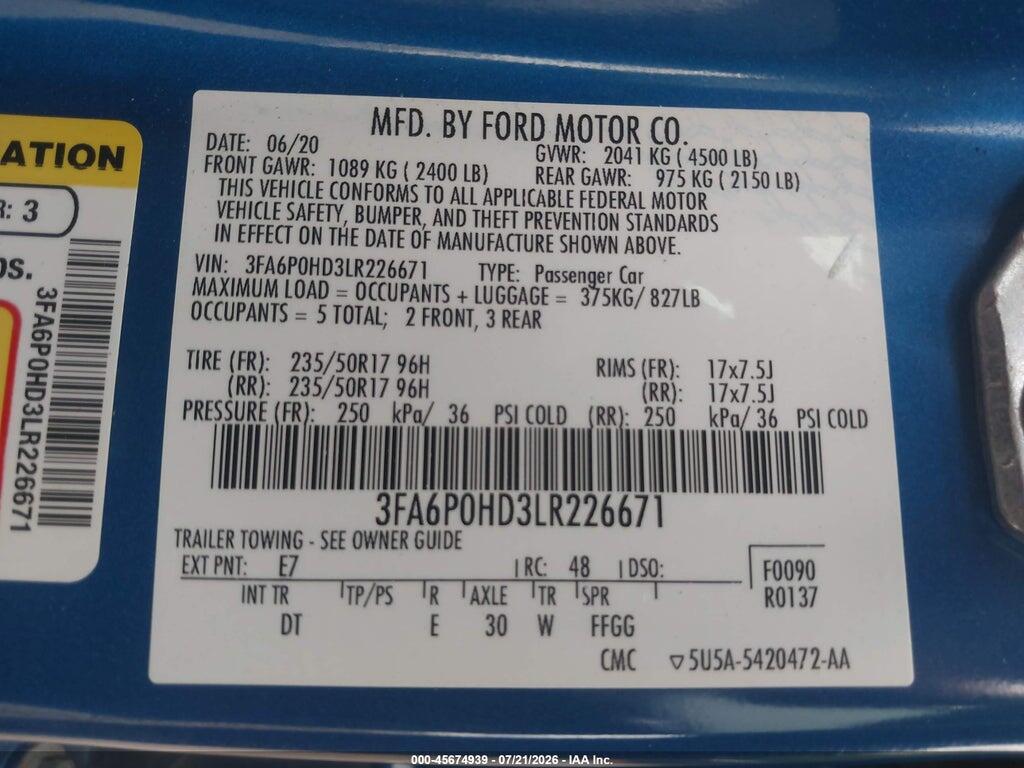 3FA6P0HD3LR226671 2020 FORD FUSION photo no. 9