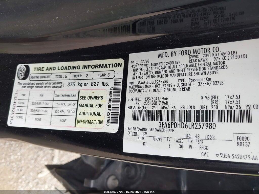 3FA6P0HD6LR257980 2020 FORD FUSION photo no. 9