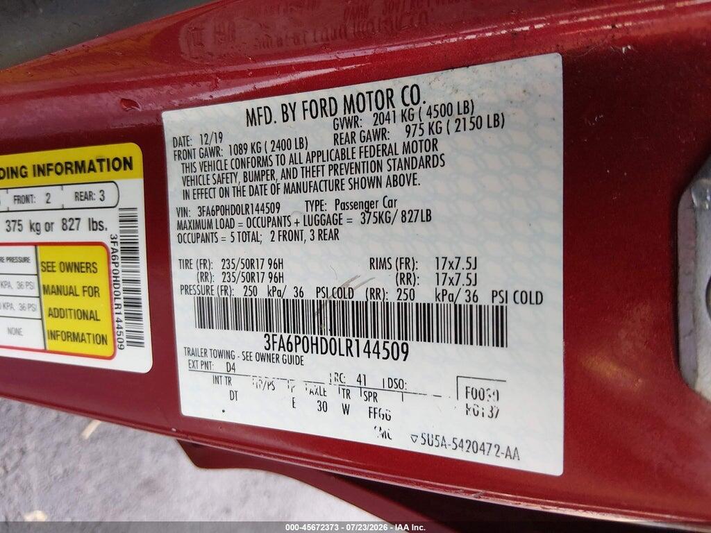 3FA6P0HD0LR144509 2020 FORD FUSION photo no. 9