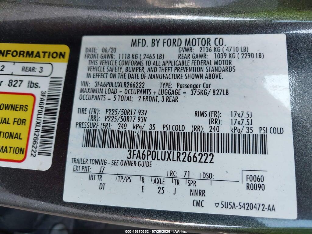 3FA6P0LUXLR266222 2020 FORD FUSION photo no. 9
