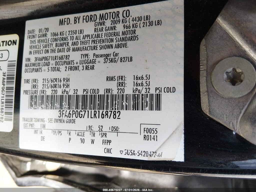 3FA6P0G71LR168782 2020 FORD FUSION photo no. 9