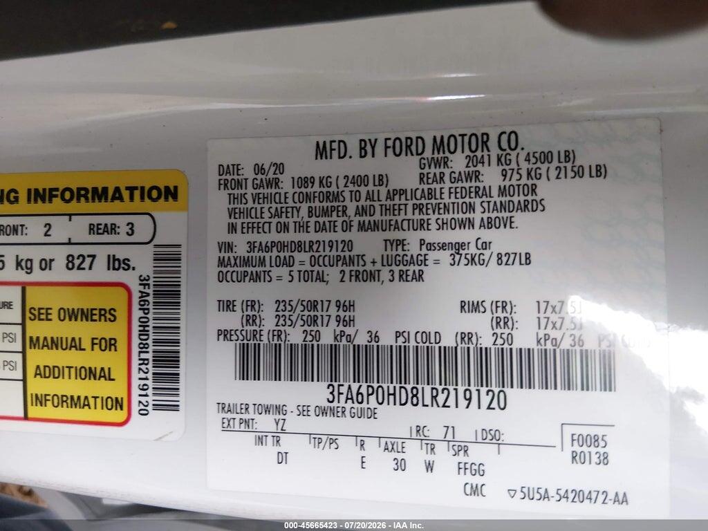 3FA6P0HD8LR219120 2020 FORD FUSION photo no. 9