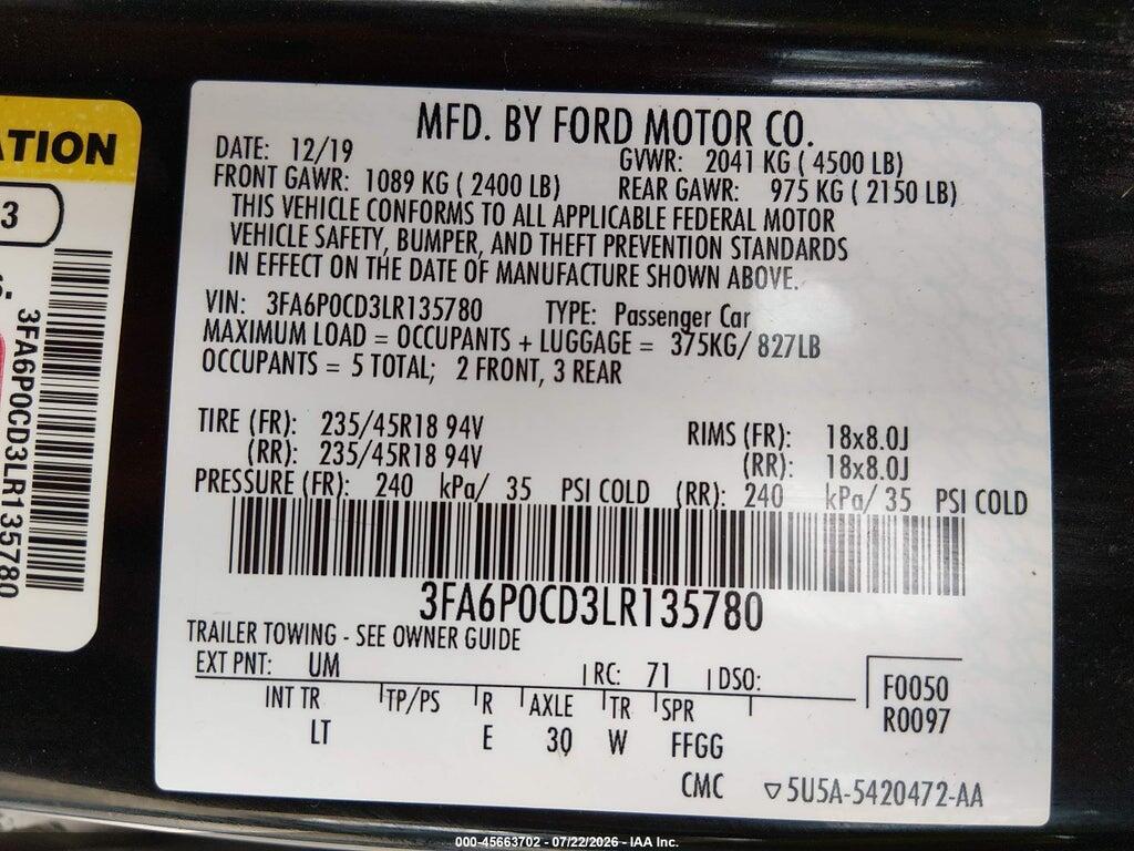 3FA6P0CD3LR135780 2020 FORD FUSION photo no. 9