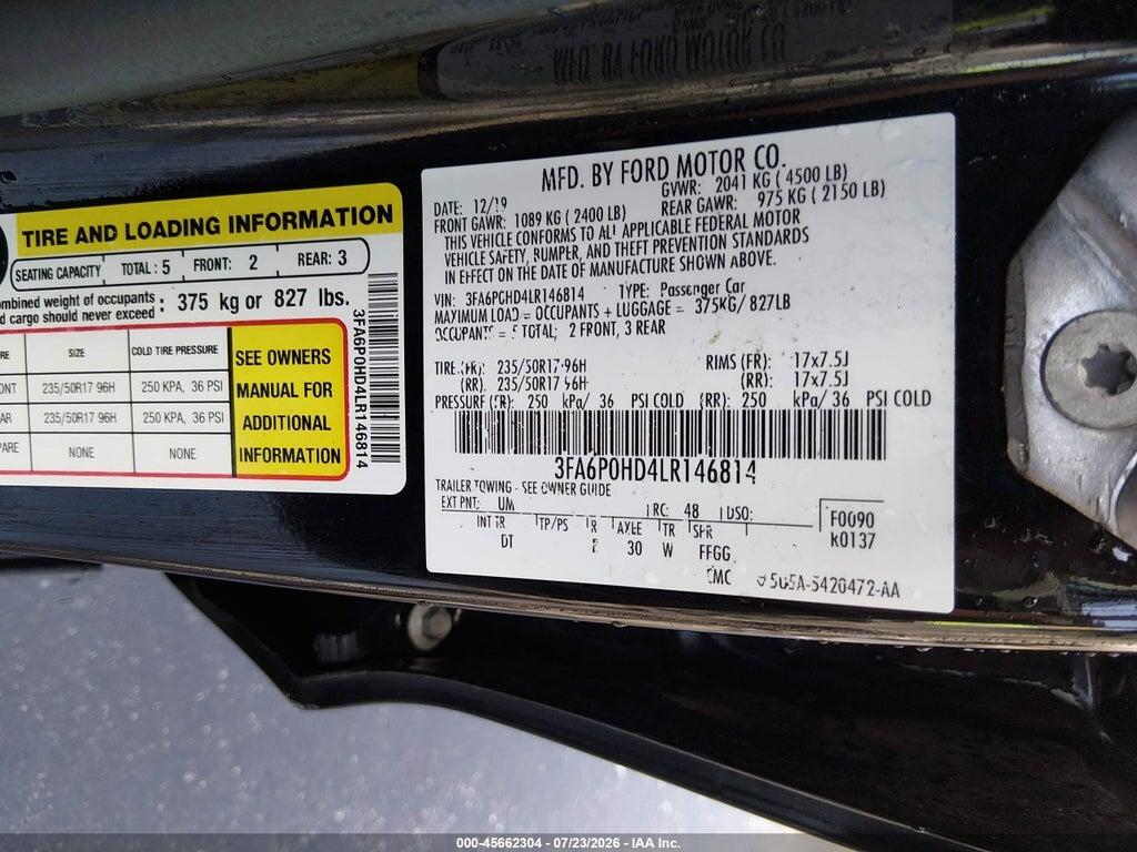 3FA6P0HD4LR146814 2020 FORD FUSION photo no. 9