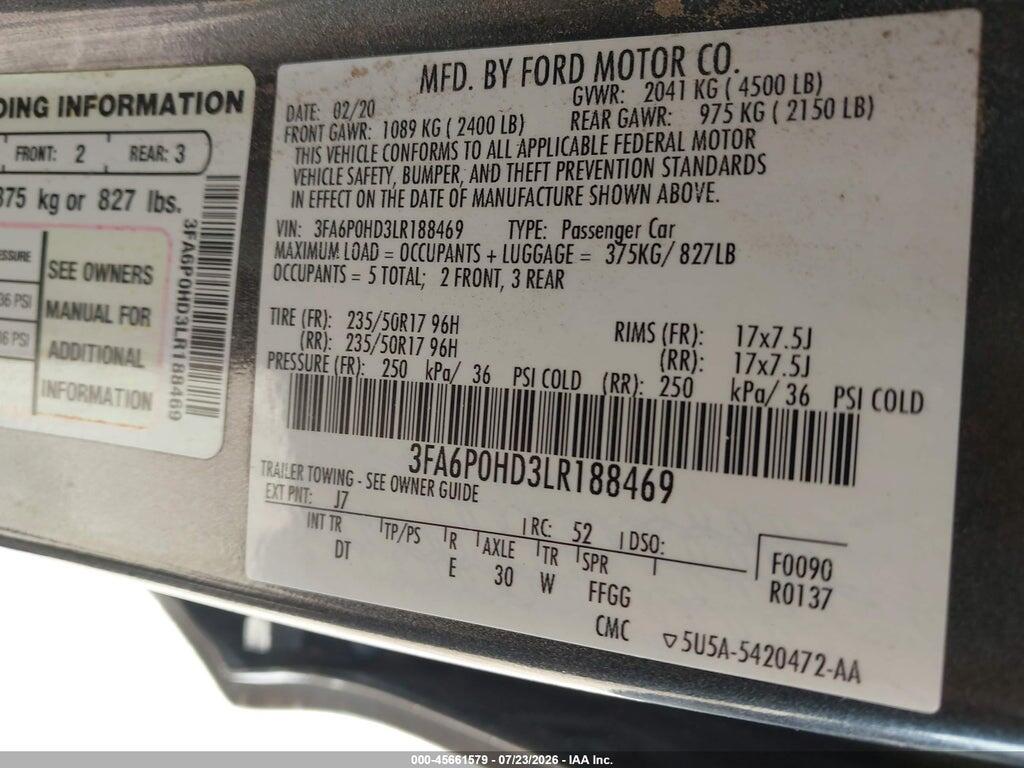 3FA6P0HD3LR188469 2020 FORD FUSION photo no. 9
