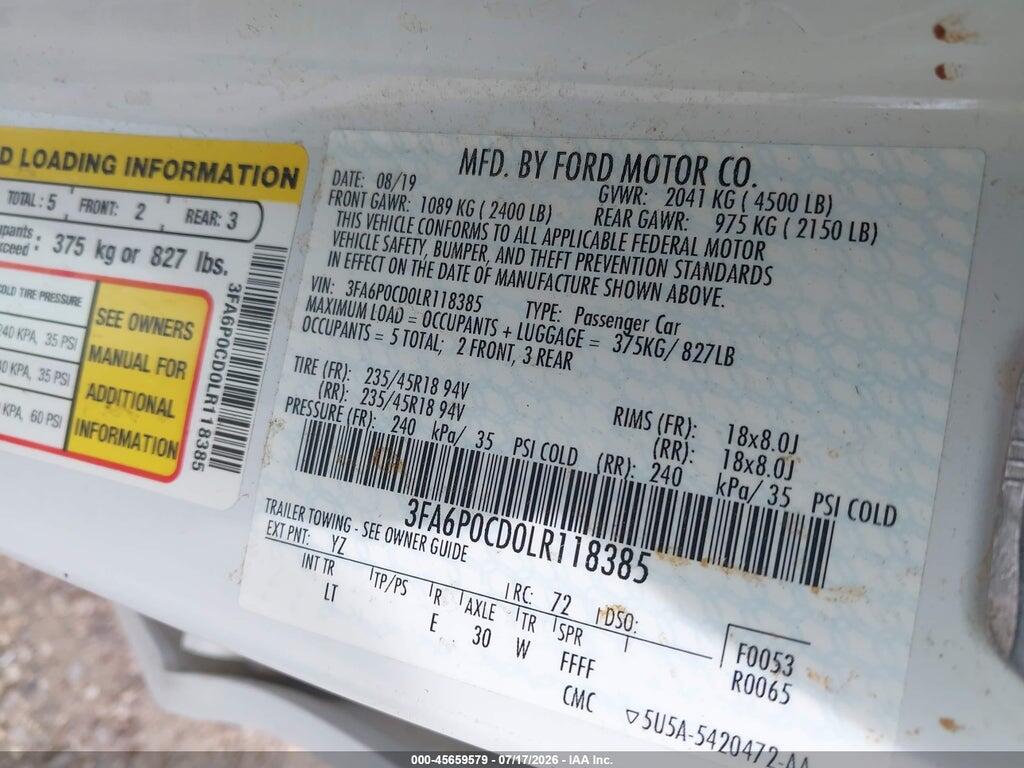 3FA6P0CD0LR118385 2020 FORD FUSION photo no. 9