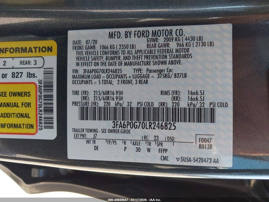 3FA6P0G70LR246825 2020 FORD FUSION photo no. 9
