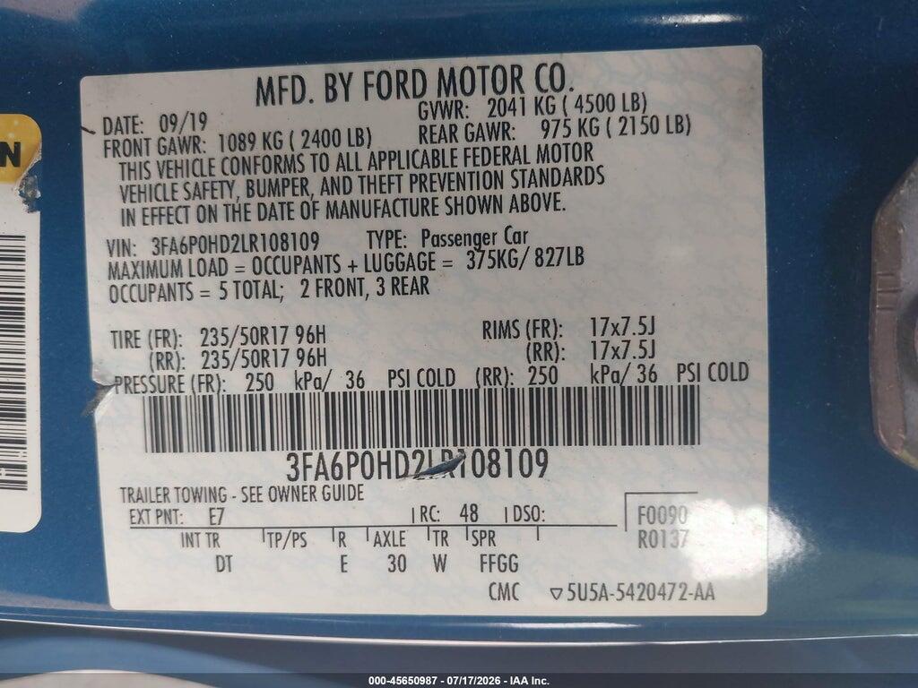 3FA6P0HD2LR108109 2020 FORD FUSION photo no. 9