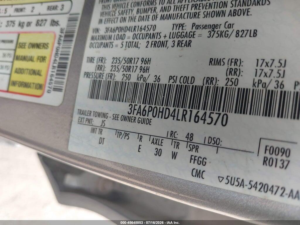 3FA6P0HD4LR164570 2020 FORD FUSION photo no. 9