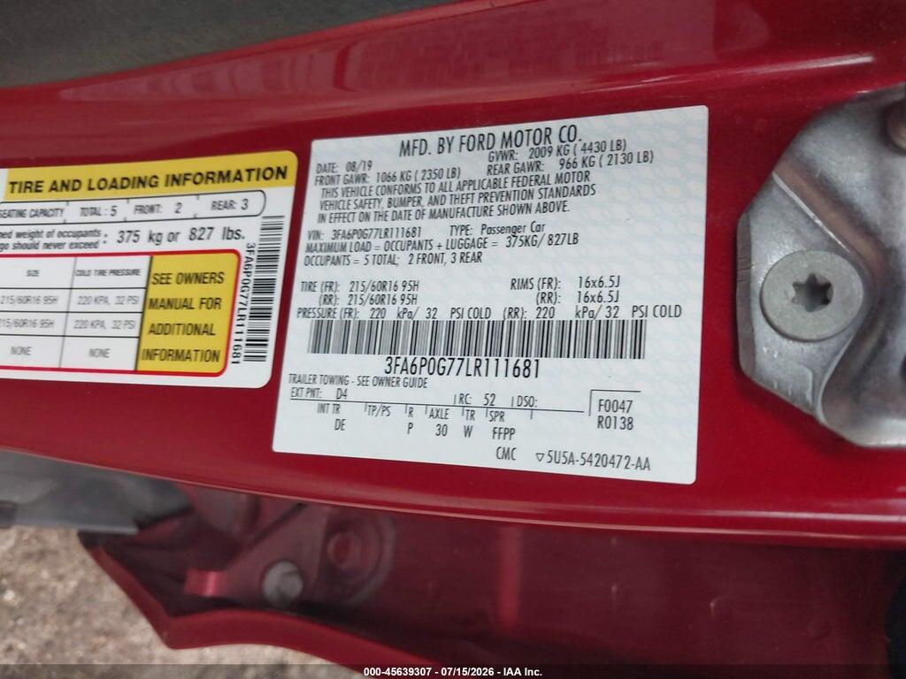 3FA6P0G77LR111681 2020 FORD FUSION photo no. 9