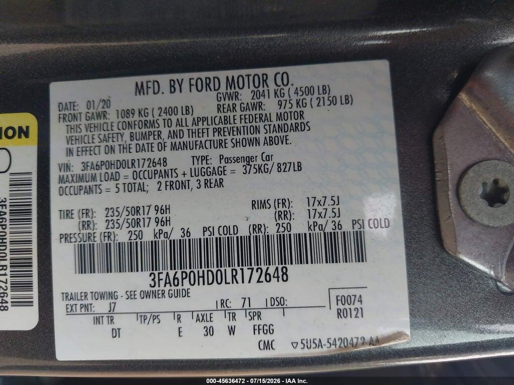 3FA6P0HD0LR172648 2020 FORD FUSION photo no. 9