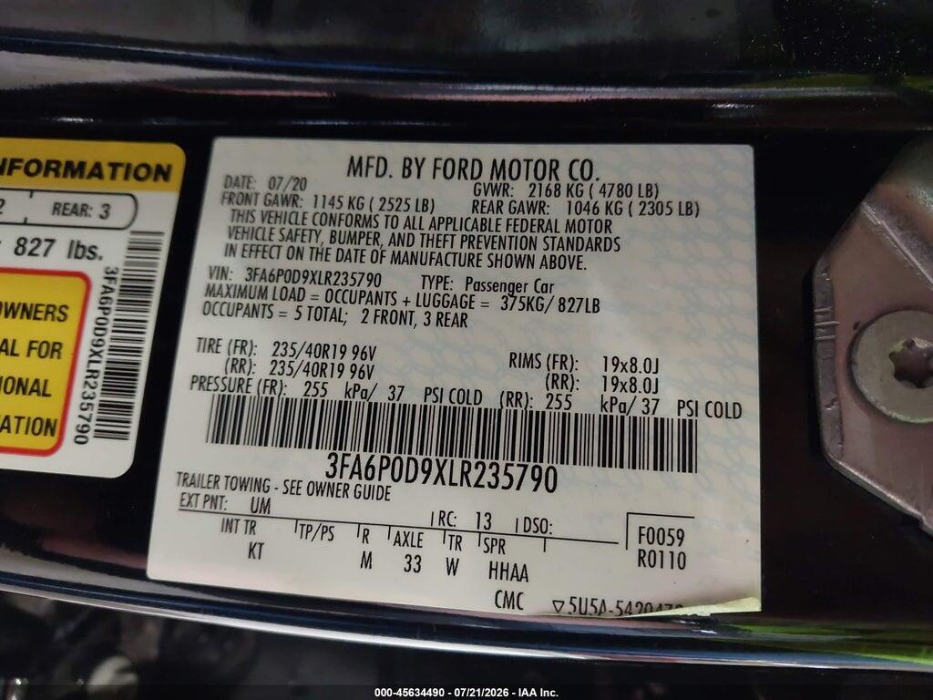 3FA6P0D9XLR235790 2020 FORD FUSION photo no. 9