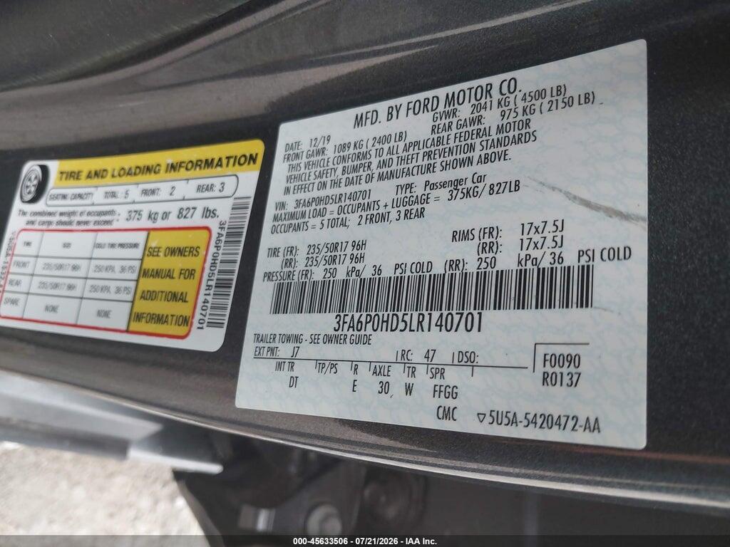3FA6P0HD5LR140701 2020 FORD FUSION photo no. 9