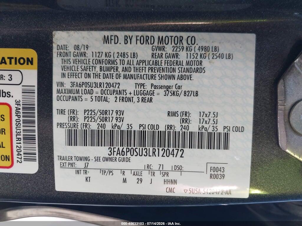 3FA6P0SU3LR120472 2020 FORD FUSION photo no. 9